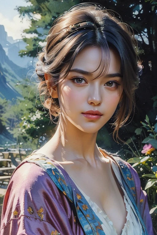 mj, RTX, 4k, HDR, close-up, watercolor, portrait, ((masterpiece)),((best quality)), original, 1girl, solo, (cowboy shot), floral print kimono, neon colors, bright colors, vaporwave, (pink) (yellow) (blue), short hair, brightly colored hair, realistic short hair, desert against another planet, backlight, rain, sunny, depth of field, absurd resolution, Ultra realistic photo, computer graphics, wallpaper , HDR, {beautiful detailed girl}, {beautiful detailed eyes}, (detailed light){{intricate detail}}, {high resolution}, {{ young girl}}, jewel eyes, {flowers}, sunlight, { {surrounded by floating lights } }, (((detailed gorgeous face))), styled by Makoto Shinkai, Jamie Wyeth, James Gillard, Edward Hopper, Greg Rutkowski Studio Ghibli Genshin Impact