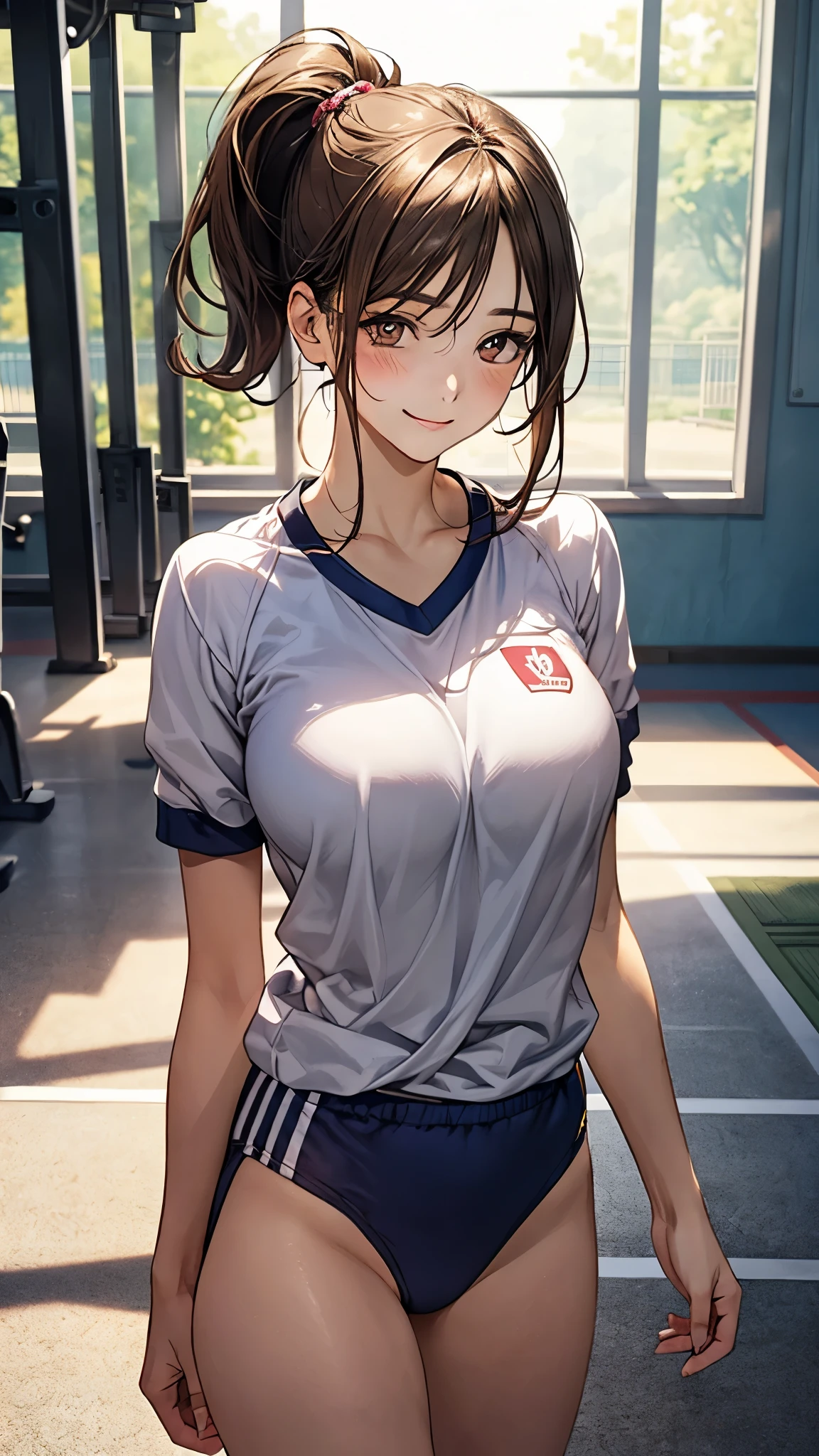 (masterpiece:1.2, top-quality), (realistic, photorealistic:1.4), beautiful illustration, (natural side lighting, movie lighting),
looking at viewer, upper body, (front view), 1 girl, japanese, 16 years old, perfect face, cute and symmetrical face, shiny skin, babyface,
(middle hair:1.2, side ponytail, light brown hair), gold eyes, (large breasts:0.6, seductive thighs),
beautiful hair, beautiful face, beautiful detailed eyes, beautiful clavicle, beautiful body, beautiful chest, beautiful thigh, beautiful legs, beautiful fingers,
(gym uniform, buruma,),
(beautiful scenery), evening, sports hall, (lovely smile, upper eyes),