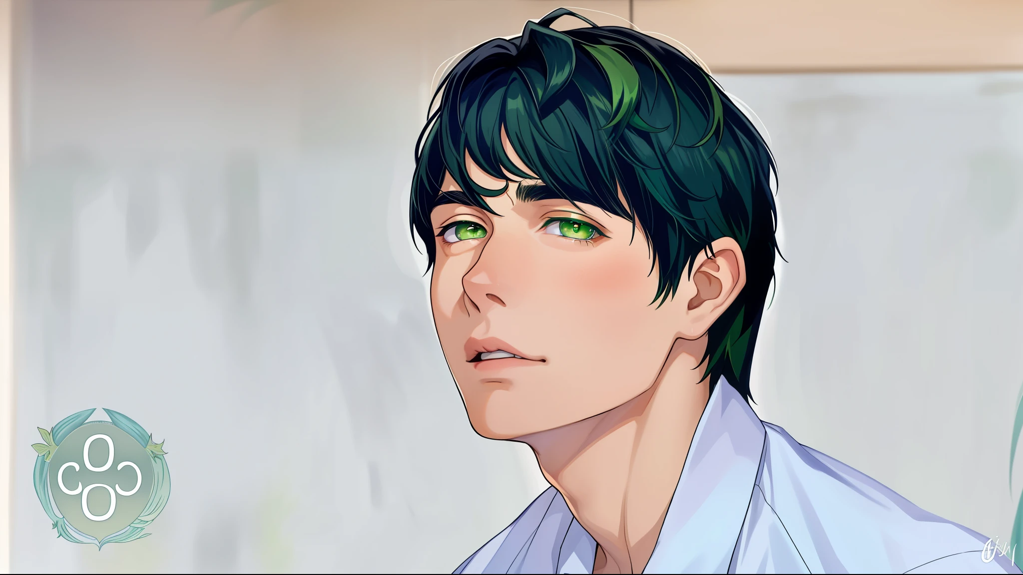 15 year old boy looking at someone green hair green eyes