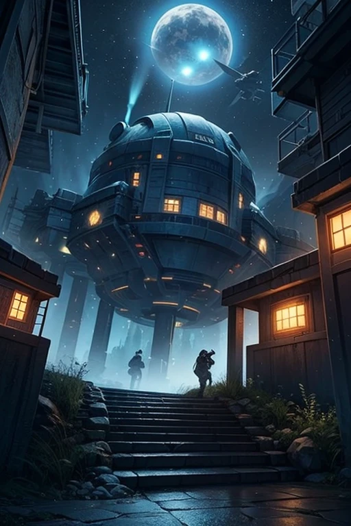 there is a tall tower with a staircase going up to it, futuristic outpost building, mining outpost, research outpost, military outpost, night time render, stalenhag style, research station, futuristic base, spaceport docking bay at night, in a sci-fi shipping port, scifi base, inspired by Simon Stålenhag, symmetrical outpost, moody mining planet