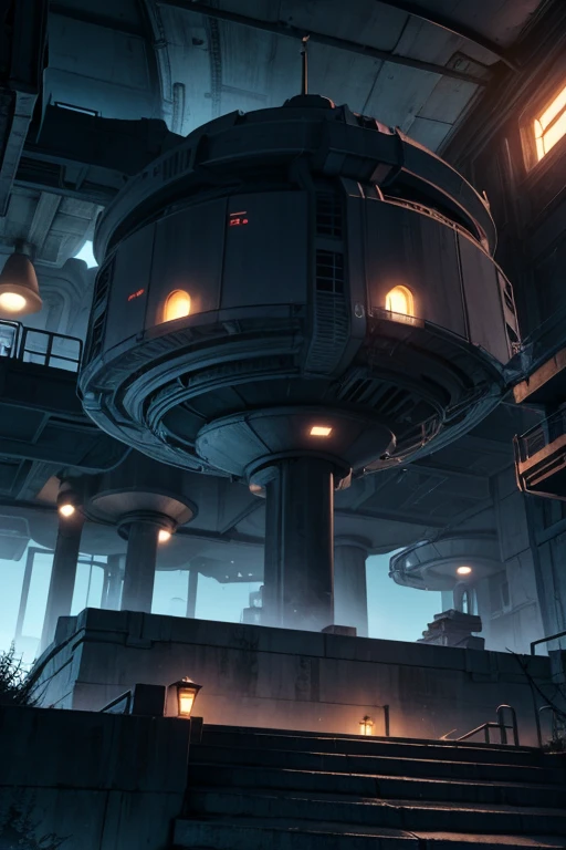 there is a tall tower with a staircase going up to it, futuristic outpost building, mining outpost, research outpost, military outpost, night time render, stalenhag style, research station, futuristic base, spaceport docking bay at night, in a sci-fi shipping port, scifi base, inspired by Simon Stålenhag, symmetrical outpost, moody mining planet