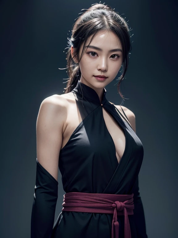 raw photos、8K portrait、real、Delicate and meticulous skin)、master piece、highest quality、official art、Unity 8k wallpaper、Super detailed、(dark scene、low key、soft light)、cinematic look、High chroma、best anatomy、Volume mist、samurai girl、slim body、whole body、1 girl、arms、sword、long hair、black hair ponytail、hold the、solo、armsを握る、Blood、swordのグリップ、arm guard、simple background、armsについたBlood、look at the audience、black eye、cloth、floating hair、Hanfu、dragon、Beautiful 25 year old Japan woman、white skin、double eyelid、真swordな表情、smile a little、Wearing a black and purple ninja costume、Ninja silhouette、Plump cleavage、dynamic pose、sex appeal、Action-packed、Dynamism、The background is Hayashi、environmental lighting、photorealism、intricate face details、intricate hand details、very detailed、bright colors