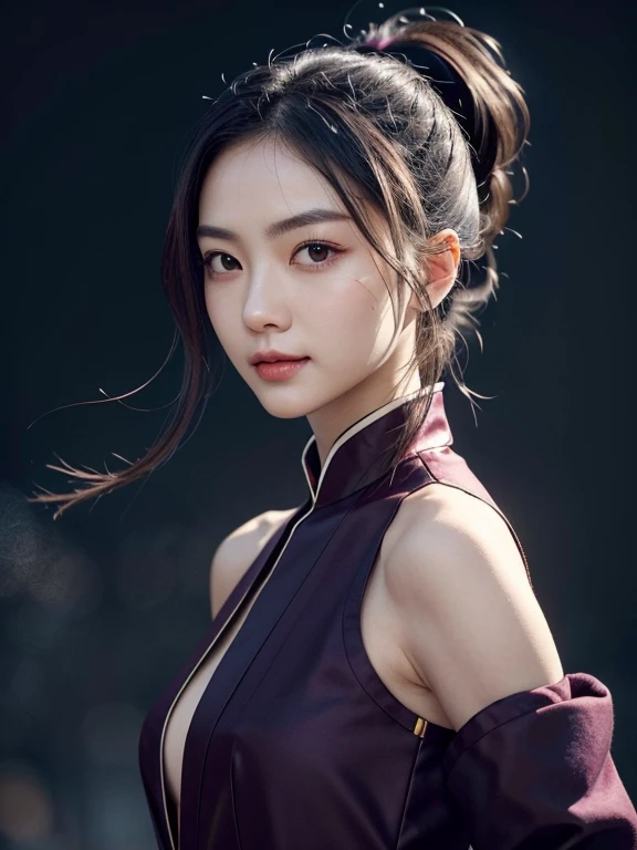 raw photos、8K portrait、real、Delicate and meticulous skin)、master piece、highest quality、official art、Unity 8k wallpaper、Super detailed、(dark scene、low key、soft light)、cinematic look、High chroma、best anatomy、Volume mist、samurai girl、slim body、whole body、1 girl、arms、sword、long hair、black hair ponytail、hold the、solo、armsを握る、Blood、swordのグリップ、arm guard、simple background、armsについたBlood、look at the audience、black eye、cloth、floating hair、Hanfu、dragon、Beautiful 25 year old Japan woman、white skin、double eyelid、真swordな表情、smile a little、Wearing a black and purple ninja costume、Ninja silhouette、Plump cleavage、dynamic pose、sex appeal、Action-packed、Dynamism、The background is Hayashi、environmental lighting、photorealism、intricate face details、intricate hand details、very detailed、bright colors