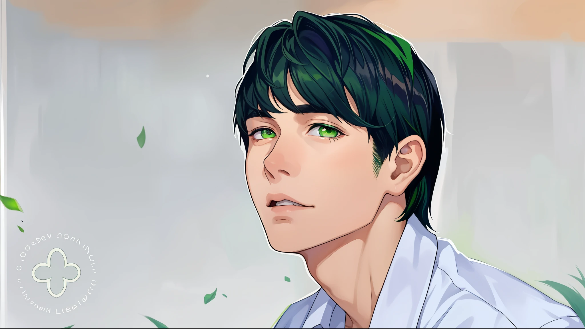 15 year old boy looking at someone green hair green eyes