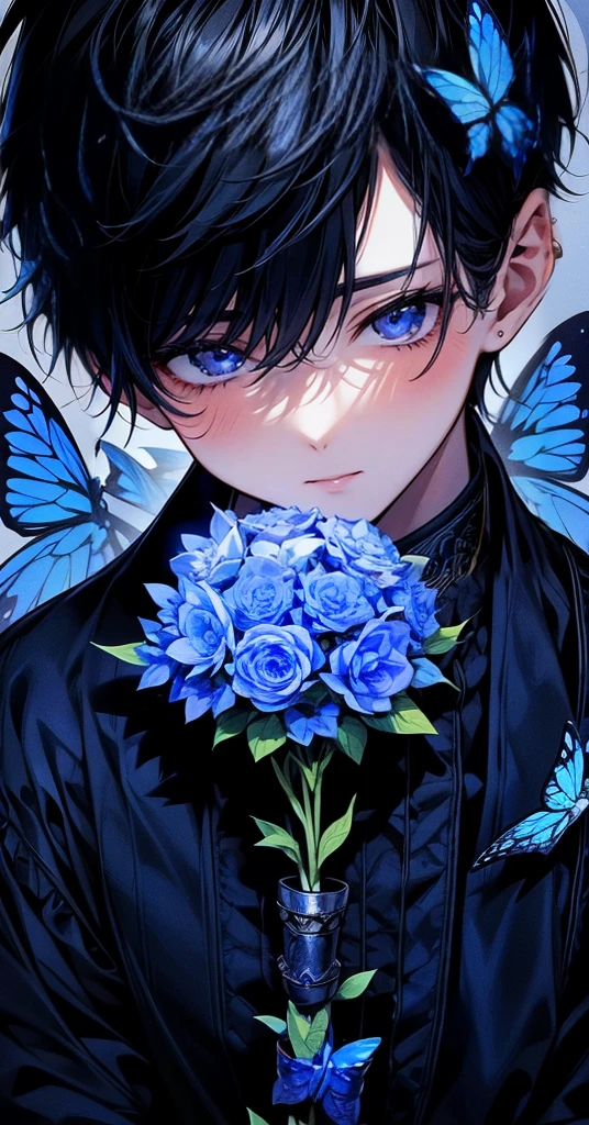 (muste piece), (best quality), very detailed, 1 boy, solo focus,perfect face, beautiful face, very detailed顔,(Black-haired boy:1.3),(blue eyes:1.3),flower,butterfly々,flowerびら,Light,laughter
