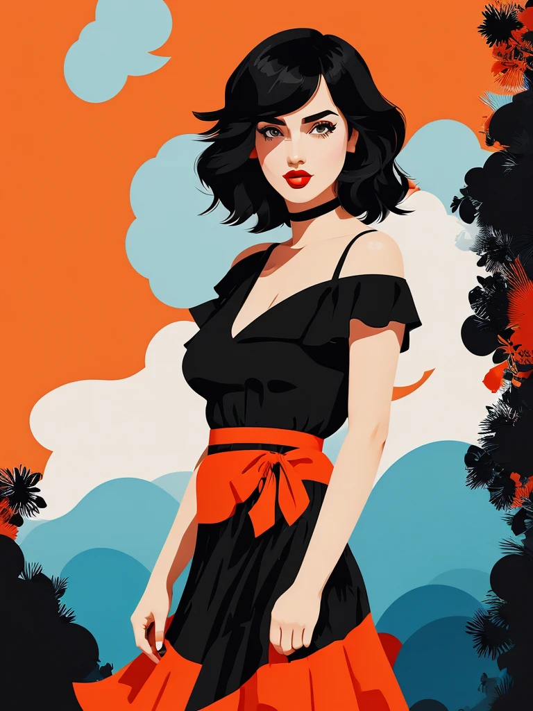 Vector art, flat-colors, pop-art, A Female with short black hair, bob cut, black eyes, Red lips, orange flamenco dress, short sleeves orange ruffle off the shoulder top, black maxi skirt, bare shoulders, standing up, close up, 2D illustration, Flat graphic style, Stylized digital illustration, Cartoon style illustration, flat illustration