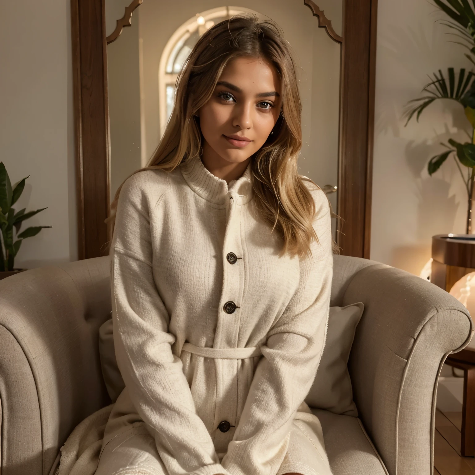A stunning medium shot of a blonde Instagram Indian model with a beautiful face and a perfect body. She is wearing manie body-con dress with woolen coat, She is smirking and flirting with the camera, her eyes sparkling with mischief. She is closeup to the camera, her face filling the frame. She is sitting on chair,. She looks straight at the camera, her gaze unwavering,full body