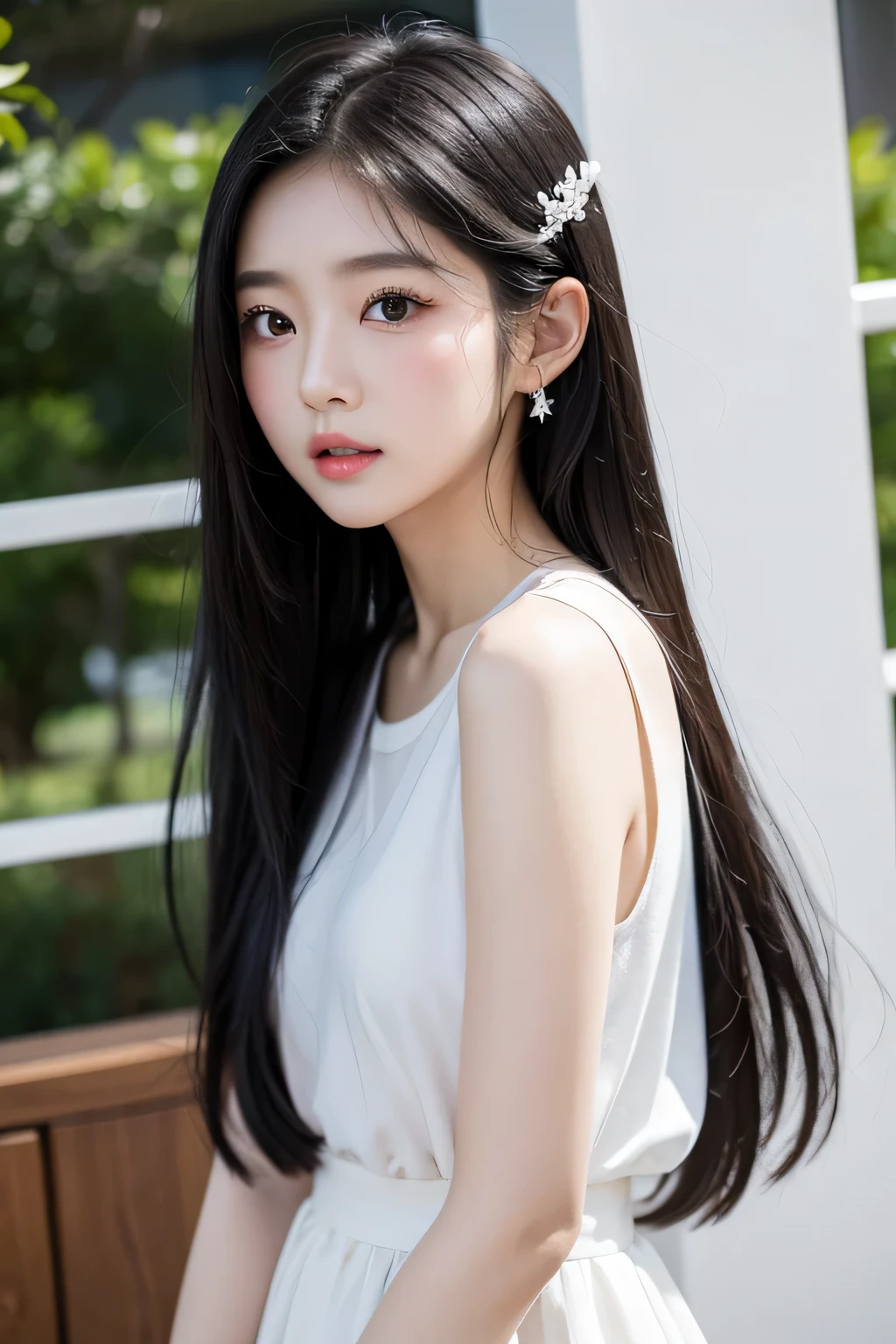 Long black hair and white skirt, 年轻cute korean face, Soft portrait photos 8k, Beautiful young Korean woman, Beautiful young Korean woman, young and lovely Asian face, Light milky white porcelain skin, cute korean face, Korean female idol avatar, beautiful korean woman, Cute and delicate face, korean girl