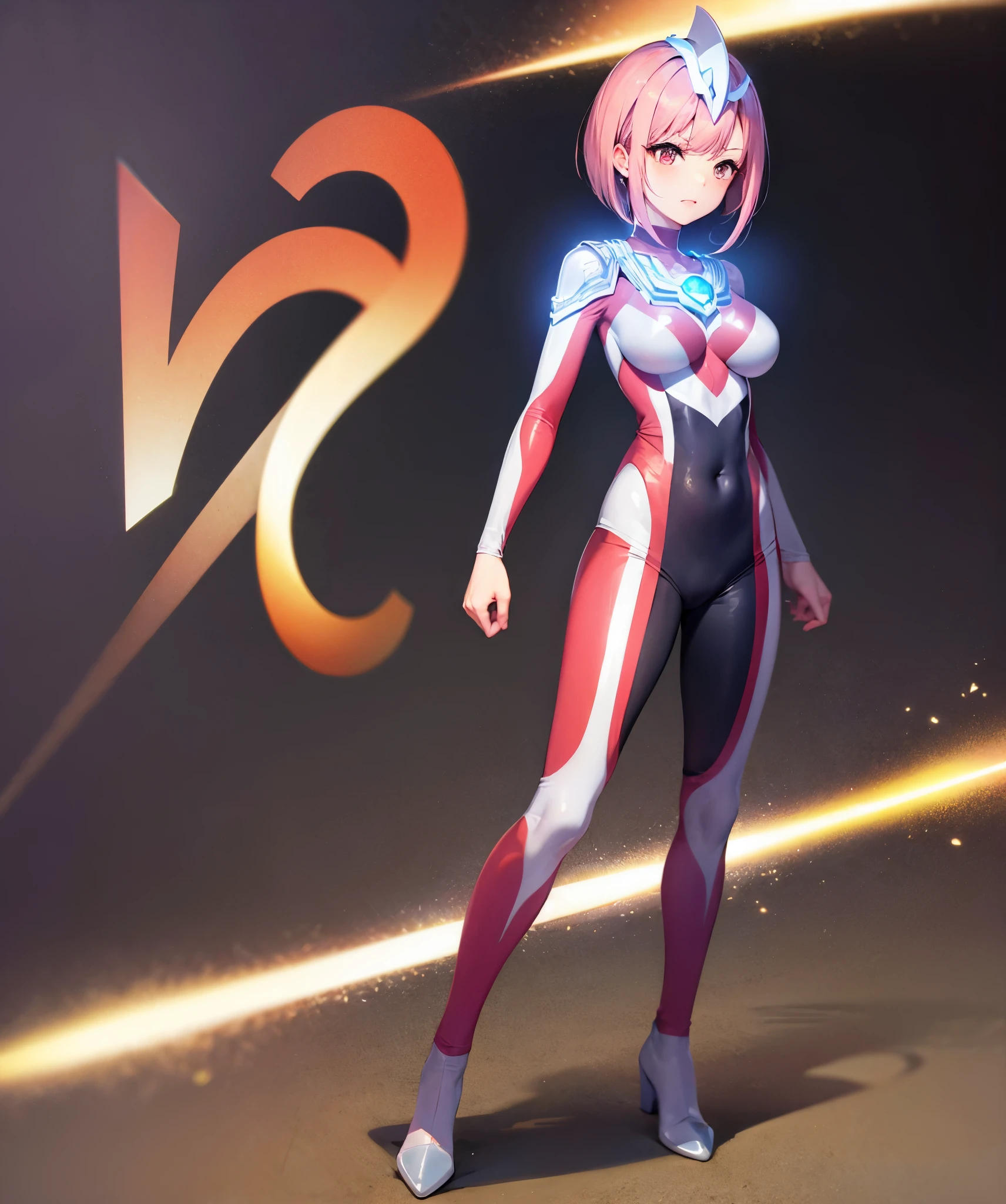 one person,red haired woman,bright red hair,short bob,red eyes, (Ultra Girl :1.0), silver and red ultraman bodysuit,big breasts,left hand fist,put your left hand on your hip,Raise your right hand to the sky,The right hand is par