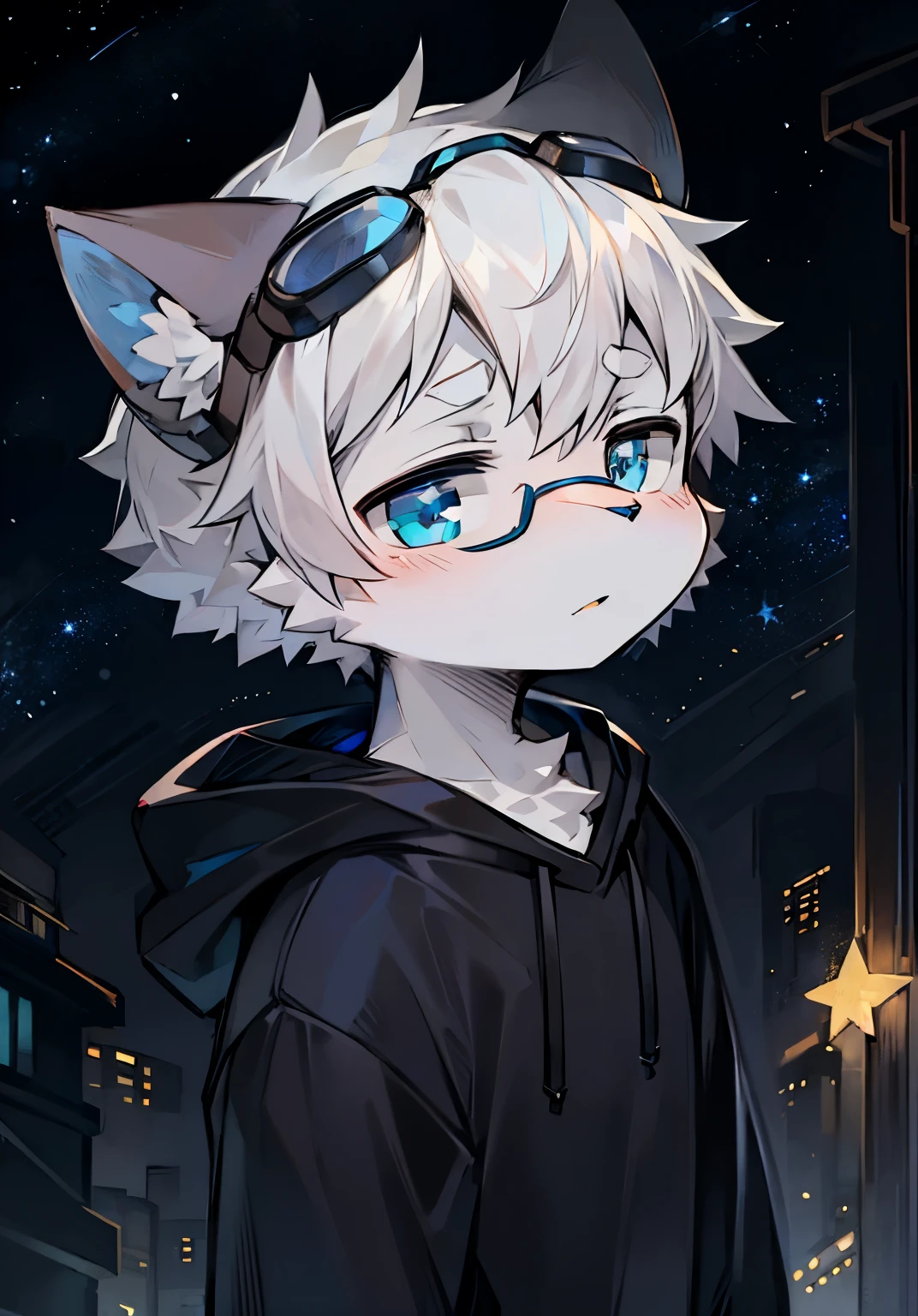 Beasts too,White-gray hair,Tech goggles,side,avatar,Blue-gray fur,dark blue eyes,It has a pair of star-like horns,malancholic look,Gray Designer Sweatshirt,Dark starry sky background,Big head,alone,Shota,The bangs are dyed dark gray,black gray ears