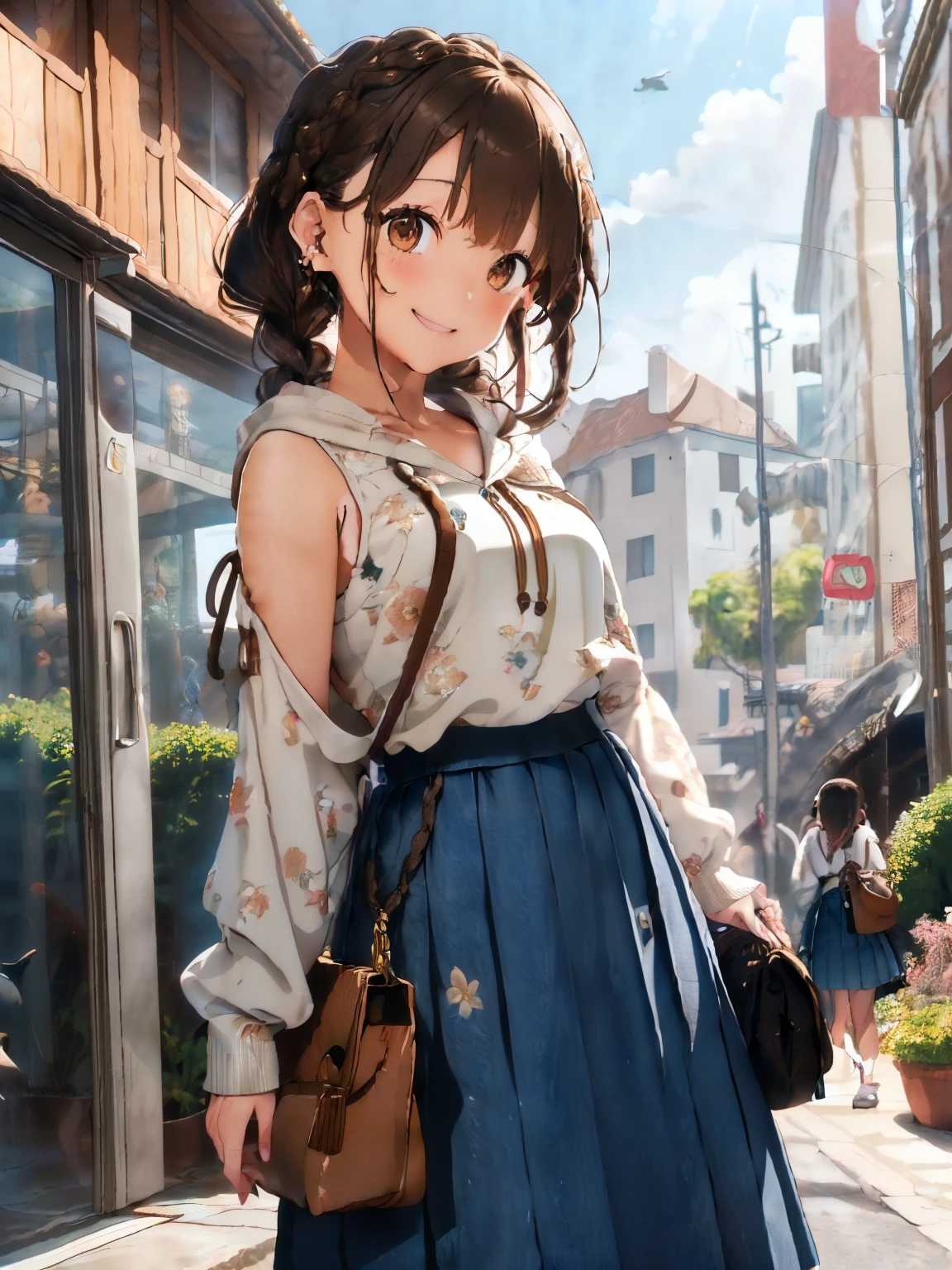 (brown hair:1.3),(brown eyes:1.3),((Braided shorthair:1.4)),((With bangs)),((fashion//ivory long sleeve hoodie,Floral pleated long skirt,denim jackets,white shoulder bag:1.4)),((In front of the huge aquarium:1.3)),((Dating atmosphere:1.3)),(blush:1.25),(Looking at Kochi with a happy smile:1.4),((Dolphin and seal tank:1.3)),((close up of face)),((look up:1.6))