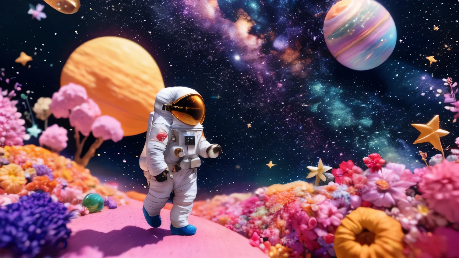 ((The tiny astronaut is lost in the dreamy galaxy)), (There are several shining stars in the background)，(Colorful dreamy planet)，starry，Embroidery style，Colorful，Front view，suffocating，Immersive，unique painting，Reasonable composition，best quality, masterpiece, ultra high resolution,HD details，Distant perspective， (Photorealistic:1.4), Surrealism，magic，It's unimaginable, Like a dream，8k，Lifelike