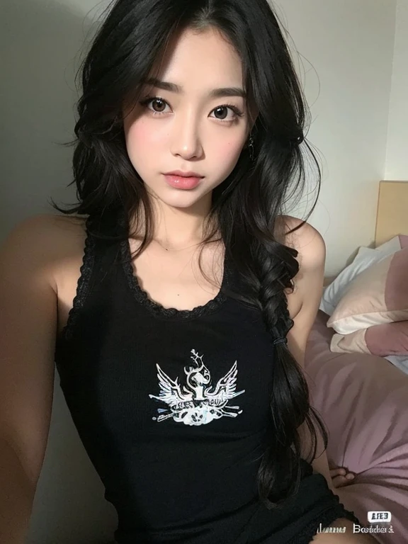Arafed asian woman with long black hair and a black tank top, cruel korean goth girl, Ulzzang, pale goth beauty, goth girl aesthetic, menina coreana, 1 7 - - old h girl, linda mulher coreana jovem, com cabelos longos e olhos penetrantes, gothic aesthetic, Mulher sul-coreana bonita, com cabelos longos, Heonhwa Choe