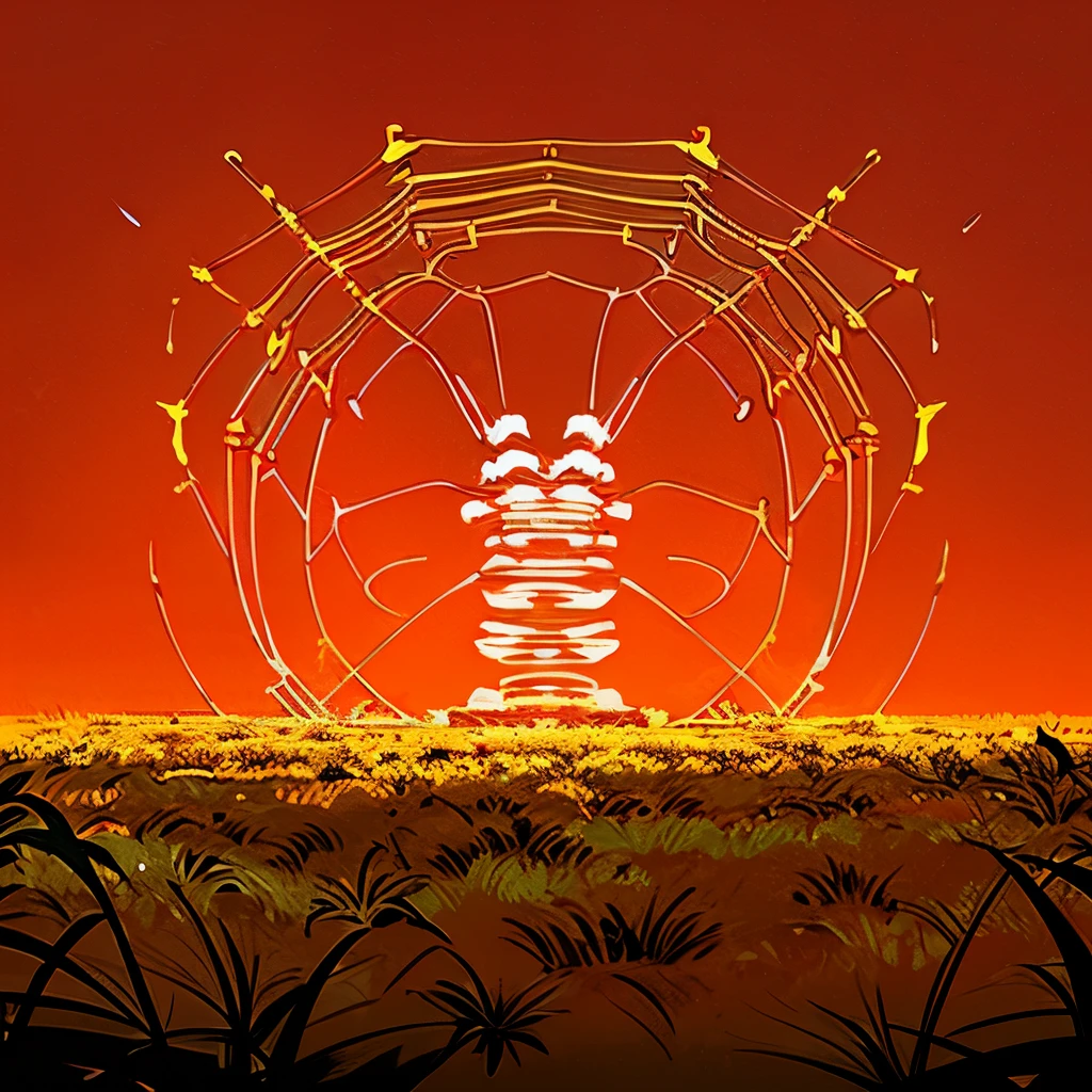 sub-arid , 1 big white transparent logo spider, red sky , plants , orange , japan culture