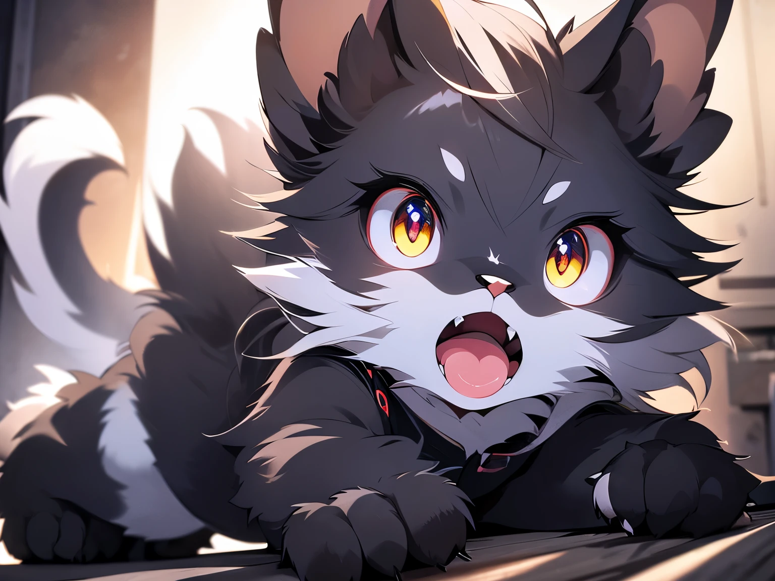 black cat kemoshota, tail, slave, punishment, teardrops, dynamic angle, anime cat laying on the floor with its head on a cat, pov furry art, furry paw pov art, thick fluffy tail, furry tail,