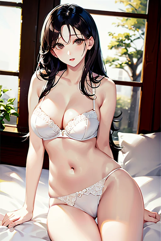 Black hair, white eyes, sexy, large breasts, beautiful body, white bra, white lingerie, white underwear, bedroom