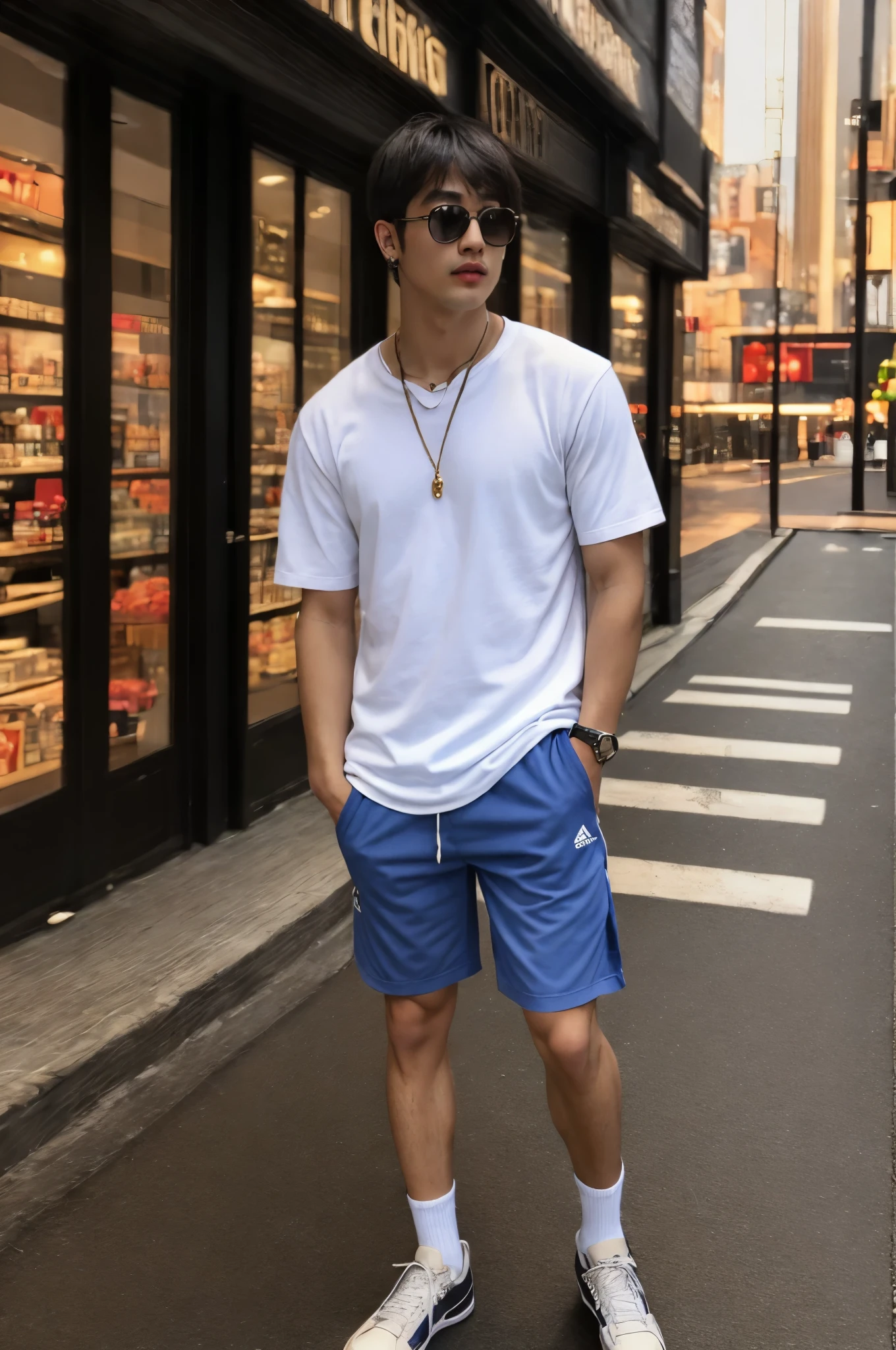 1 boy, good looking, wear sunglasses, bold look,street wear clothing ,asthetic full body