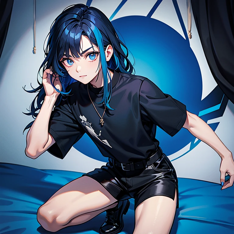 1 hombre con cabello largo lacio color azul oscuro de cabello, ojos almendrados con color azul oscuro de ojos, pale skin, cuerpo esbelto sin pecho, cintura delgada, trasero mediano, short dark blue nails, altura 1,90, age 15 years, black clothing, short sleeves and black shorts