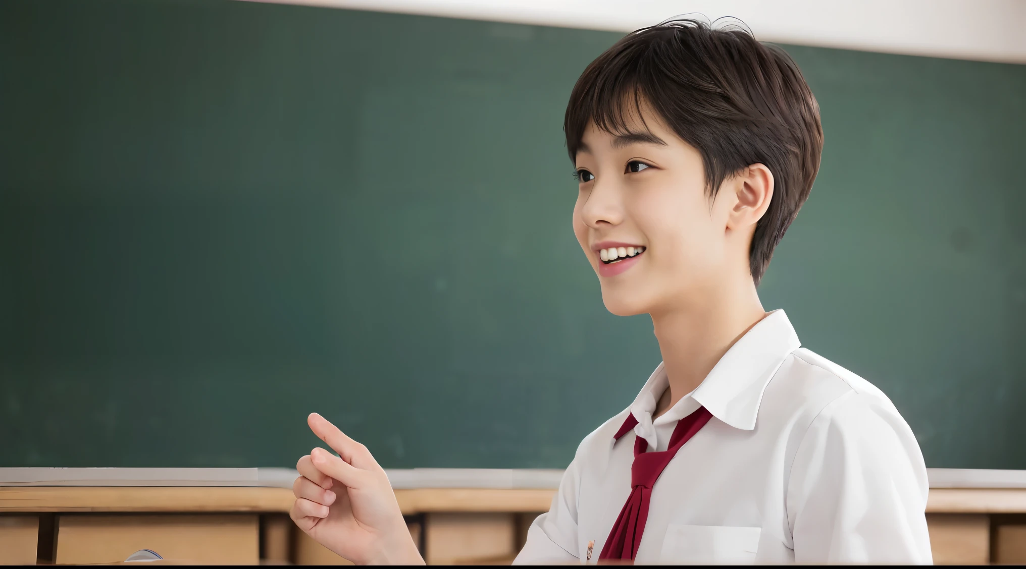 (Raw photo:1), (masutepiece:1, Best Quality:1), (8k photo), (Photon mapping:1), (In a high school classroom:1), (Photorealistic:1.8), (Upper body:1), (Ultra-fine eyes:1), (1 Japan high school boy:1), (male:1.5), (solo), (alone),  (he is doing a presentation:1.5), (he is talking:1.6), (presentation:1.5), (Pointing:1),(he is standing straight:1.5), (In front of the blackboard:1), (Good posture :1.3), (Natural and modern classroom:1.6), (simple School uniform:1.5), (15 years old),  (Round face:1),(tareme:0.2), (Bokeh),(lightsmile), Hand up, Arm up, (Active Pose:1), ( Bright background:1.5), Bokeh, (high brightness:1.2)
