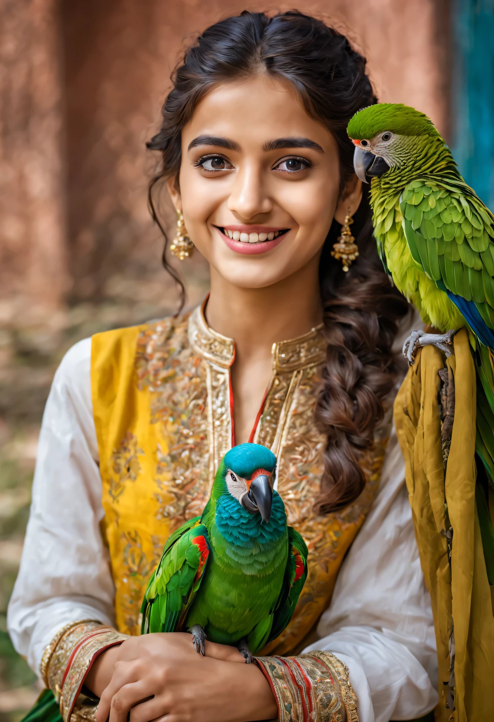 beautiful Pakistani girl in traditional Shalwaar Qameez dress and Dupatta, Smiling With a parrot sitting on her shoulder, Hyper realistic, Natural lighting, 8k Ultra HD, Upper Body, Nature background, Insane Details