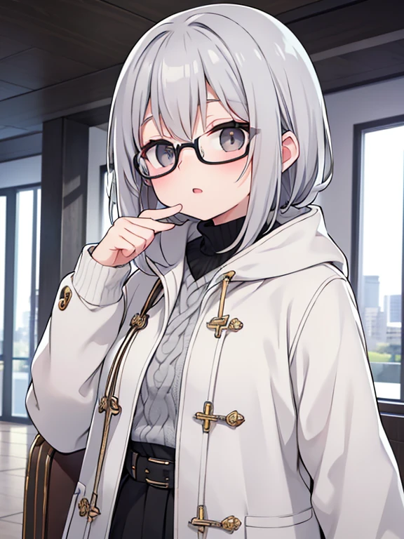 (Highest Quality), (Highest Quality), (Masterpiece), gray hair, Glasses, white knit, black open coat, exposed