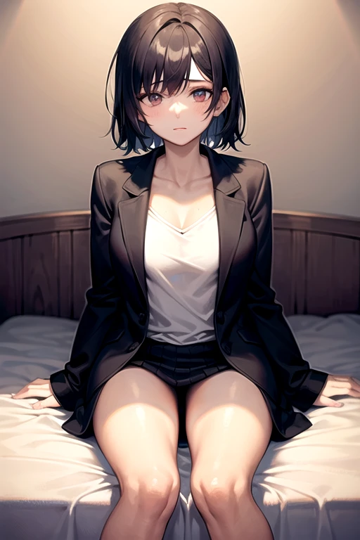 Woman with dark ash messy hair. Eyes with hazel color. Wolfcut hairstyle. Face without expression It's like just waking up..  Sitting on the bed. Wearing a jacket