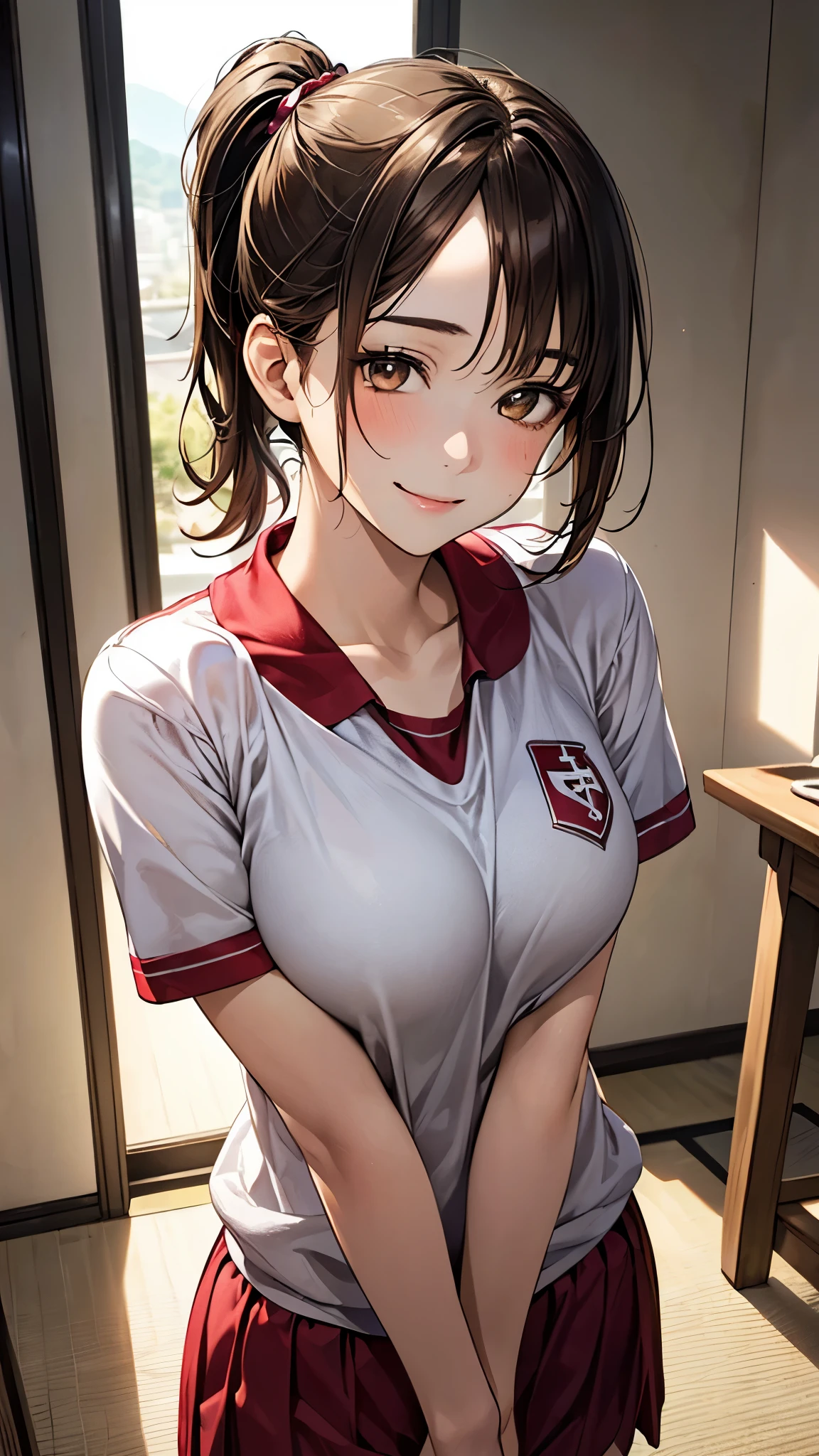 (masterpiece:1.2, top-quality), (realistic, photorealistic:1.4), beautiful illustration, (natural side lighting, movie lighting),
looking at viewer, upper body, (front view), 1 girl, japanese, 16 years old, perfect face, cute and symmetrical face, shiny skin, babyface,
(middle hair:1.2, side ponytail, light brown hair), gold eyes, (large breasts:0.6, seductive thighs),
beautiful hair, beautiful face, beautiful detailed eyes, beautiful clavicle, beautiful body, beautiful chest, beautiful thigh, beautiful legs, beautiful fingers,
(red gym uniform, buruma,),
(beautiful scenery), evening, sports hall, peace sign, (lovely smile, upper eyes),