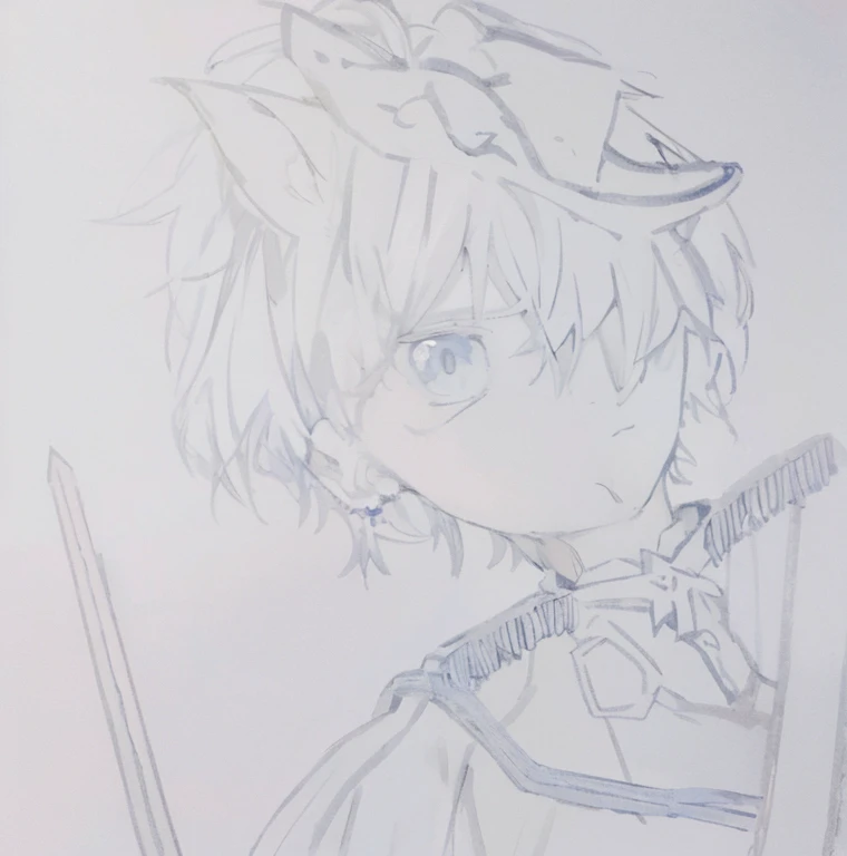 A blue-haired boy with cat ears has a sword next to him
