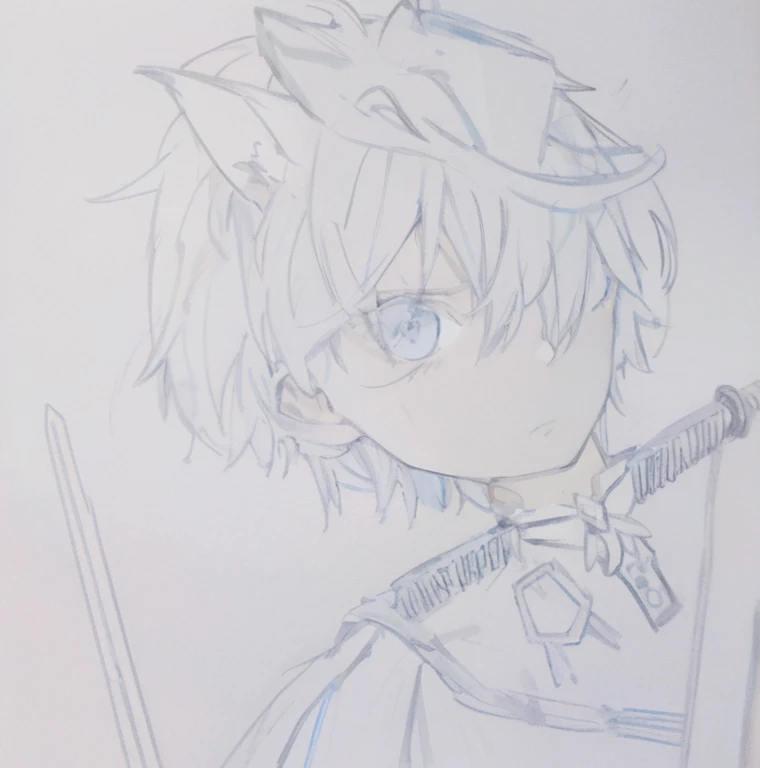 A blue-haired boy with cat ears has a sword next to him