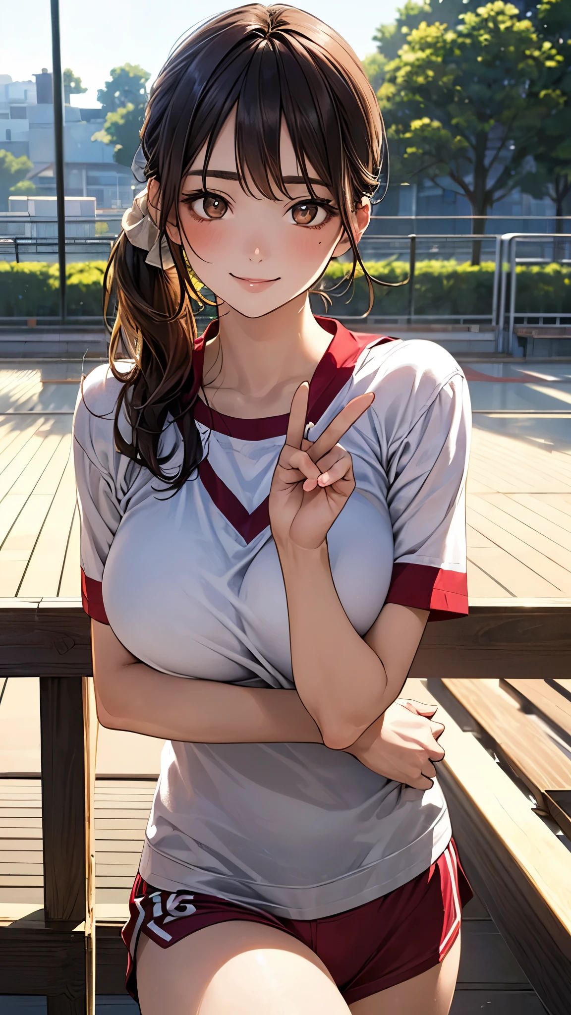 (masterpiece:1.2, top-quality), (realistic, photorealistic:1.4), beautiful illustration, (natural side lighting, movie lighting), 
looking at viewer, upper body, (front view), 1 girl, japanese, , perfect face, cute and symmetrical face, shiny skin, babyface, 
(le hair:1.2, side ponytail, light brown hair), gold eyes, (large breasts:0.6, seductive thighs), 
beautiful hair, beautiful face, beautiful detailed eyes, beautiful clavicle, beautiful body, beautiful chest, beautiful thigh, beautiful legs, beautiful fingers, 
(red gym uniform, buruma,), 
(beautiful scenery), evening, sports hall, peace sign, (lovely smile, upper eyes), 