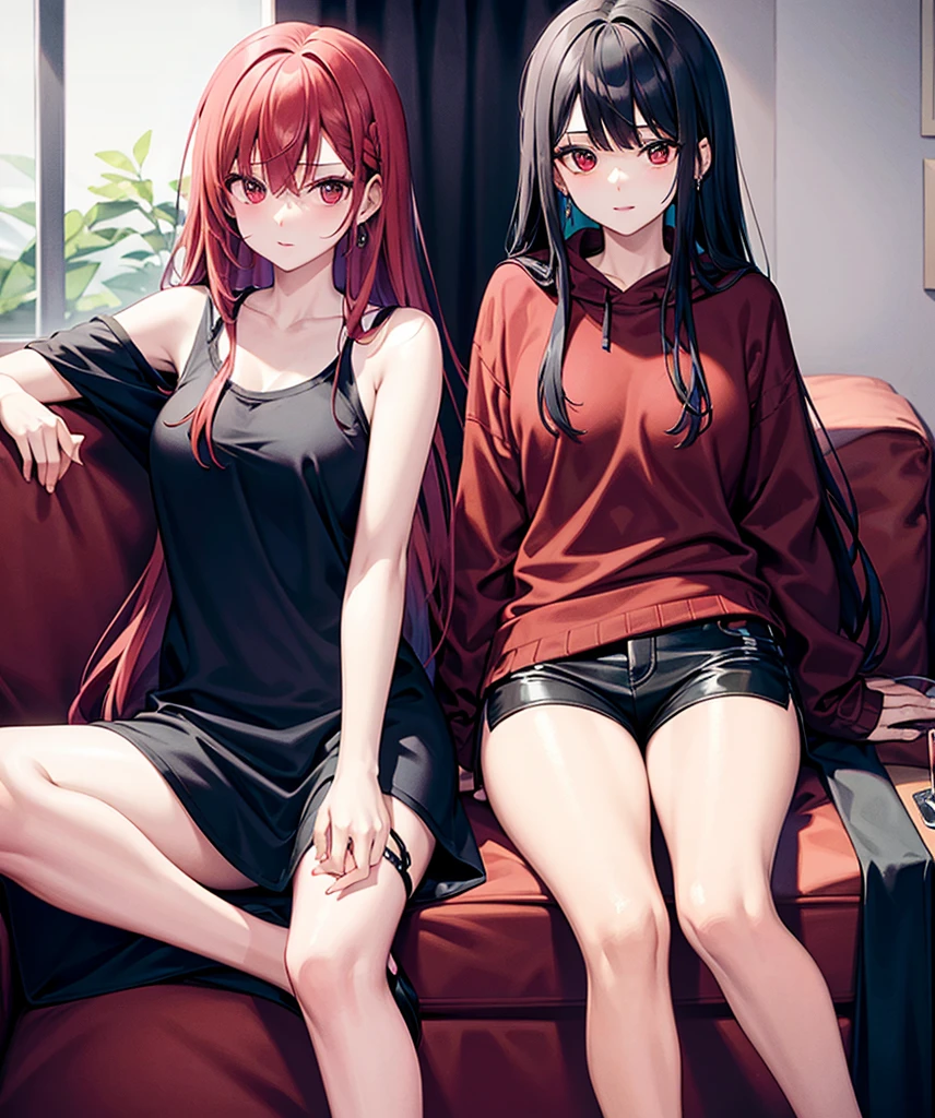 red haired woman,Braiding hair,red eyes,smoking,3 earrings in left ear,black long sleeve hoodie,Black shorts,room,sitting on the sofa