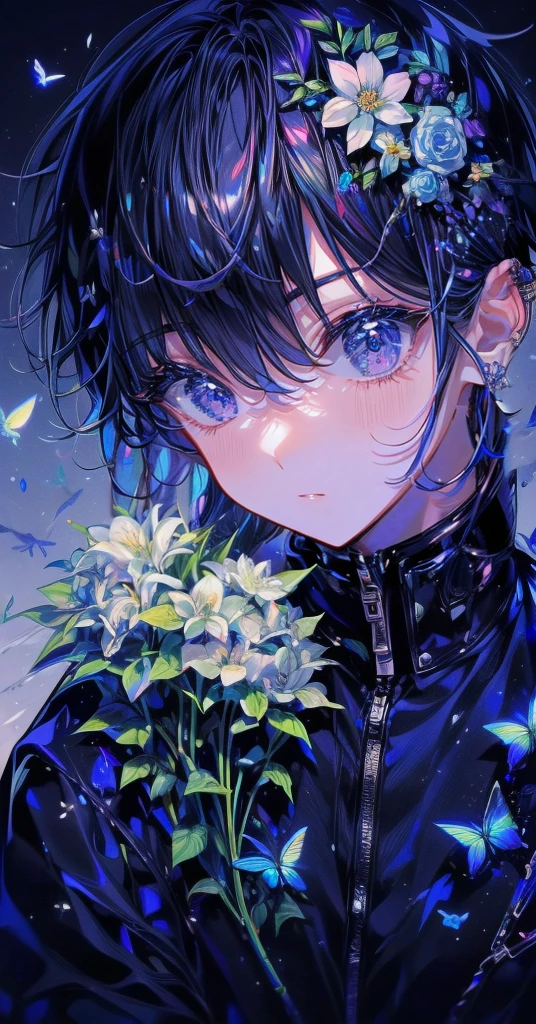 (muste piece), (best quality), very detailed, 1 boy, solo focus,perfect face, beautiful face, very detailed顔,(black short hair boy:1.3),(blue eyes:1.3),flower,butterfly々,flowerびら,Light,laughter