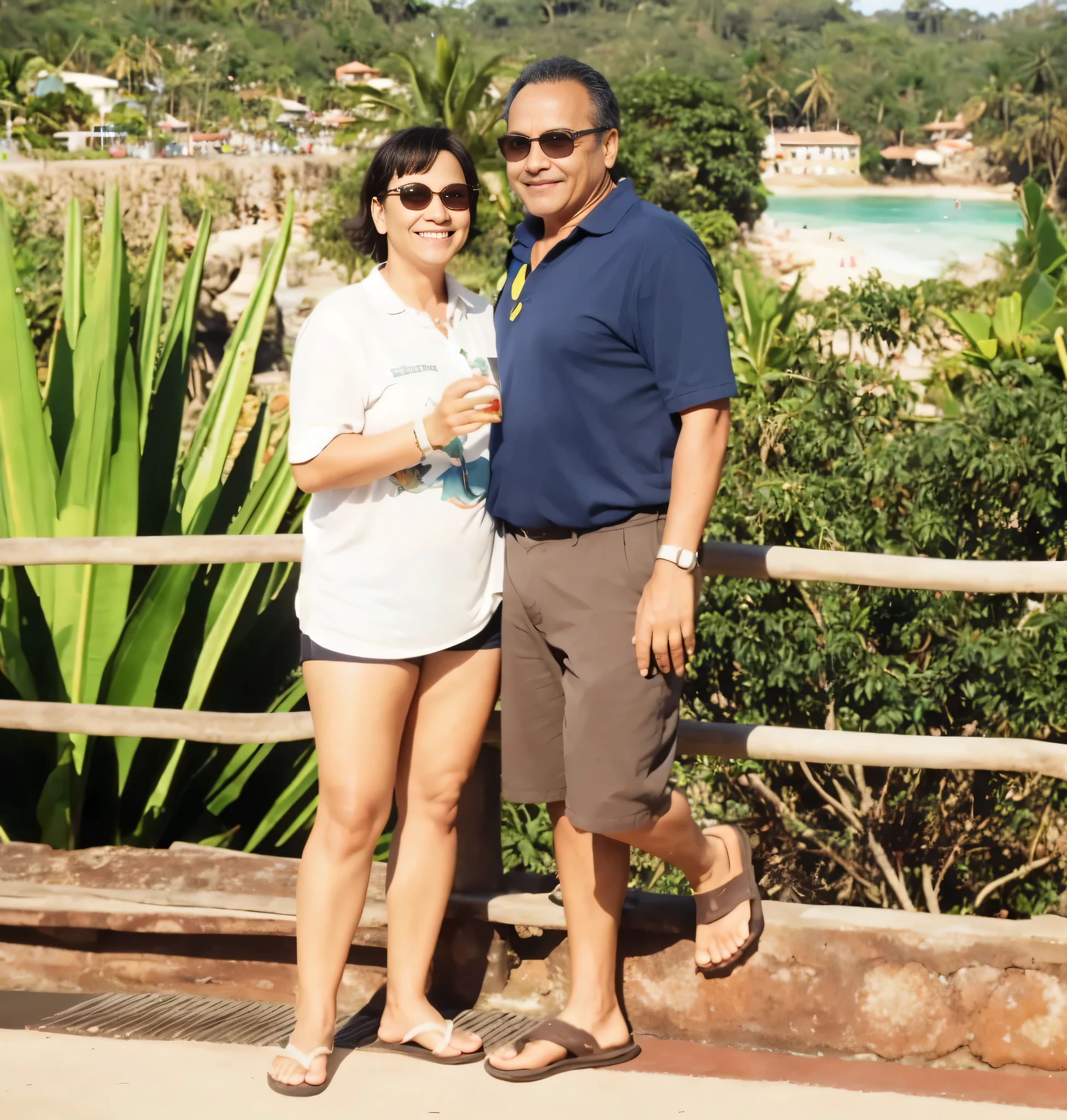 Aqui, a couple is next to each other on a bridge, vacation photo, perto da praia, Selva ao fundo, on seashore, near water, no Brasil, palmeiras ao fundo, holiday season, se divertindo , Divertindo-se muito, She is Brazilian, Pele castanha clara, por volta dos 30 anos, obra de arte, alta qualidade, grande clareza, high resolution, 8k.