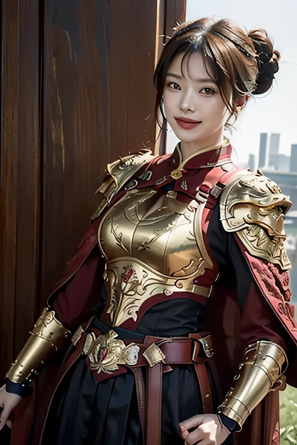 Chinese girl warrior，8K，HD quality，Finely engraved picture section，Detail the eyes，Crimson cape， metal pauldron，Metal armor，Breasts are full and erect，Gold hairband，majestic，Smile（open mouth）（The corners of the mouth are raised）、（Hair in a bun：1.5），（Hair bun raised high）。森林grassland background（grassland background）