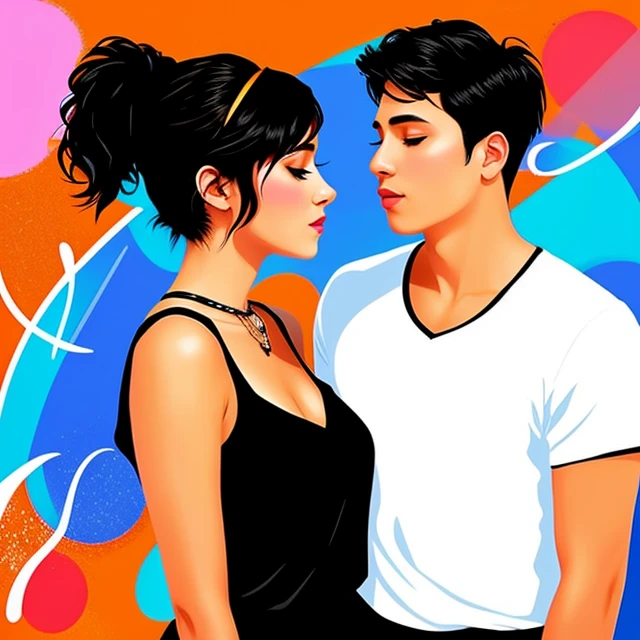 a man hugging the woman's body and kissing the woman, face to face, eyes closed contact, facing at each other. Rotoscope man with black hair in a white long collar shirt with and black pants. Rotoscope woman with short black bob hair cut in a short sleeve orange ruffle off the shoulder top with black maxi skirt and bare shoulders being sexy, kissing on their lips, with a 1990's colorful abstract background, Disney style, graffiti art, flat illustration style, minimalist, 1 girl, 1 boy
