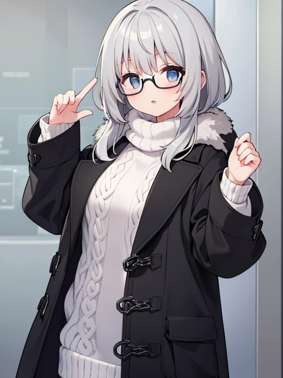 (Highest Quality), (Highest Quality), (Masterpiece), gray hair, Glasses, (White knit/black open coat)