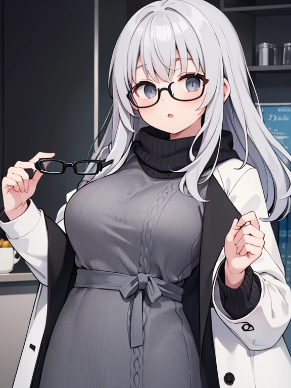 (Highest Quality), (Highest Quality), (Masterpiece), gray hair, Glasses, (White knit/black open coat)