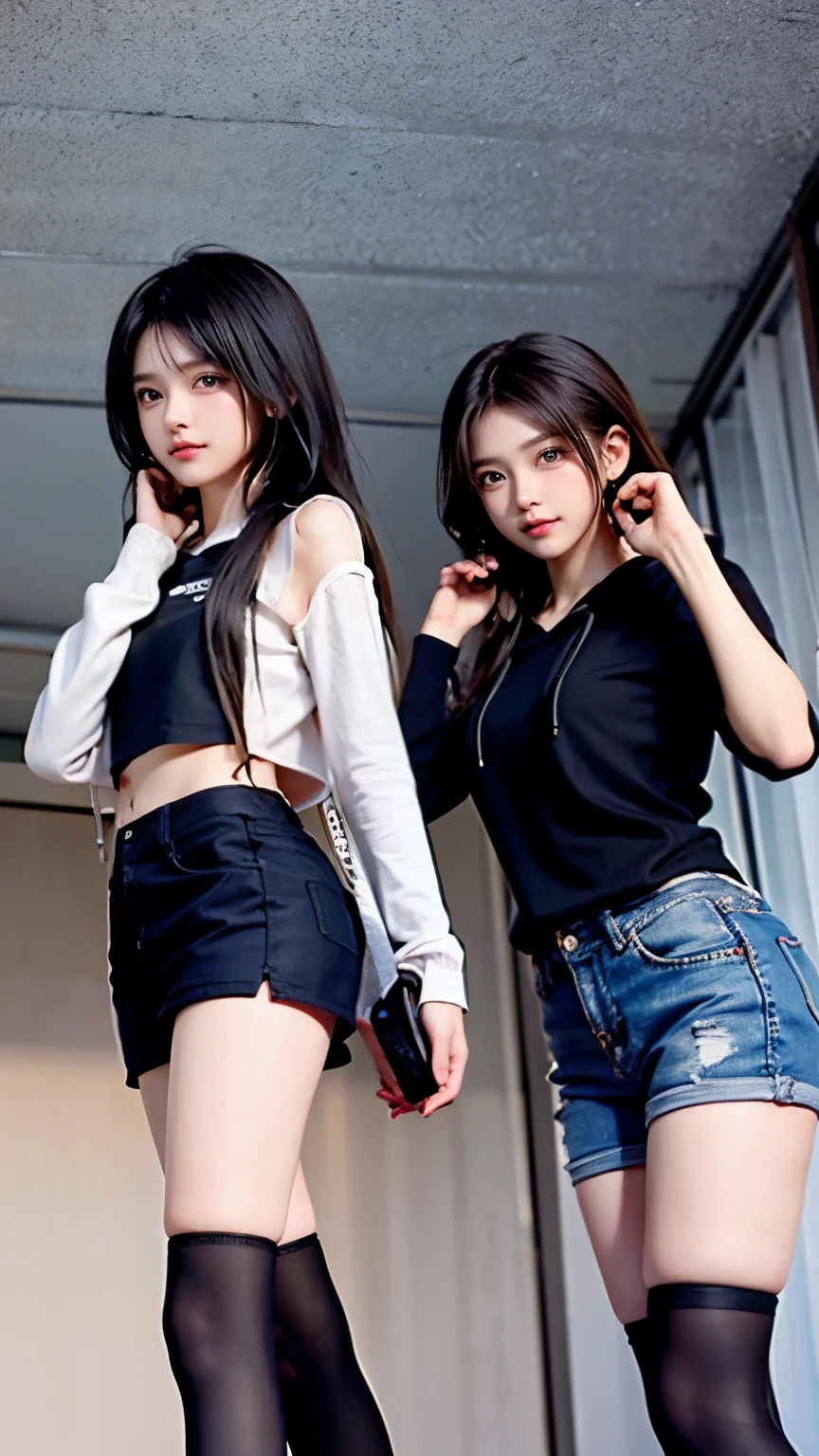 hot pants、、Supermodel、Perfect build、Muchimuchi、Three girls are looking at the viewer、 3 girls、、Thighhighs、beautiful feet、hot pants、hoodie、look down on、look of contempt、Seen by girls from below、Innocent face