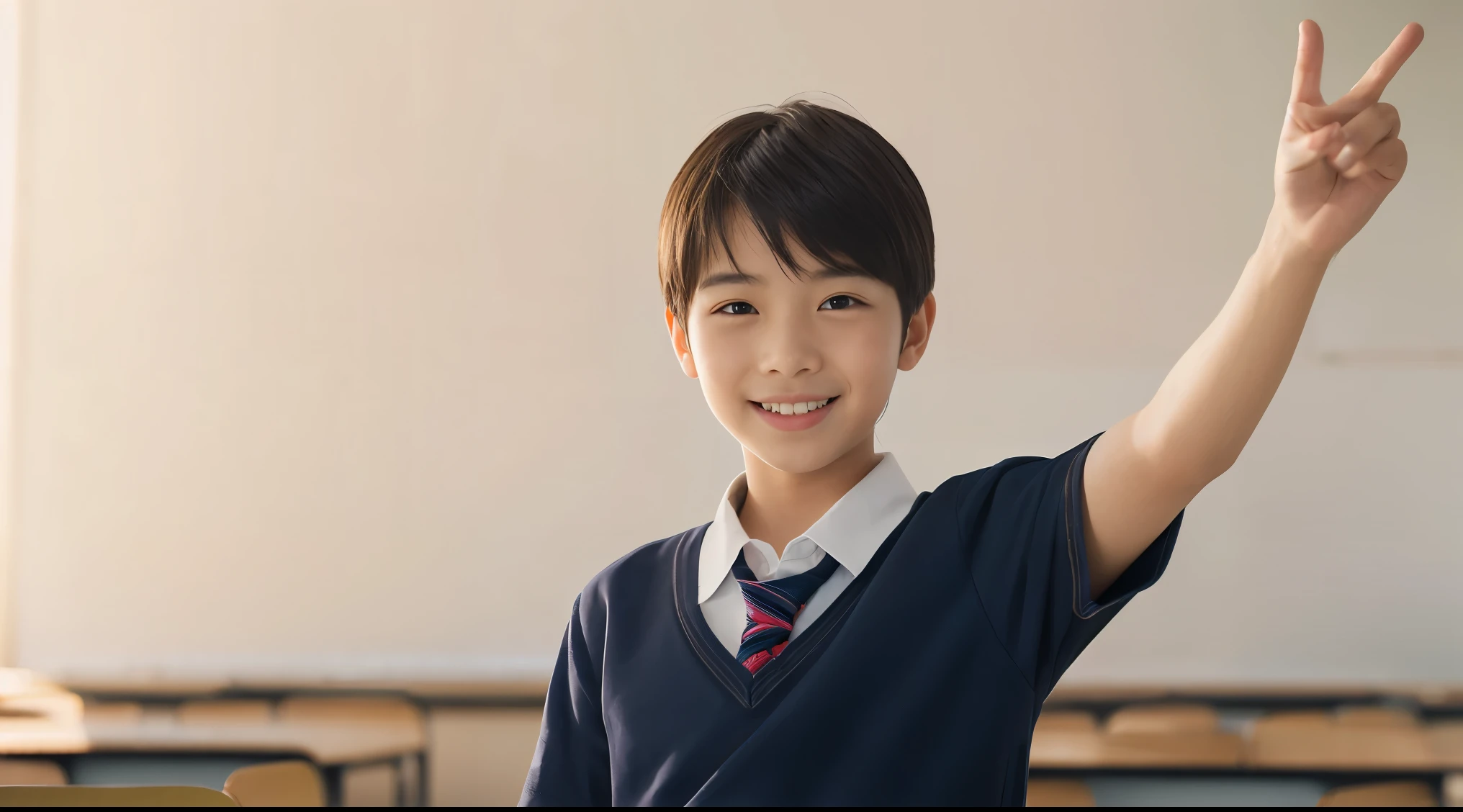 (Raw photo:1), (masutepiece:1, Best Quality:1), (8k photo), (Photon mapping:1), (In a high school classroom:1), (Photorealistic:1.8), (Upper body:1), (Ultra-fine eyes:1), (1 Japan high school boy:1), (male:1.5), (solo), (alone), (he is doing a presentation:1.5), (he is talking:1.6), (presentation:1.5), (Pointing:1),(he is standing straight:1.5), (In front of the blackboard:1), (Good posture :1.3), (Natural and modern classroom:1.6), (simple School uniform:1.5), (15 years old), (Round face:1),(tareme:0.2), (Bokeh),(lightsmile), Hand up, Arm up, (Active Pose:1), ( Bright background:1.5), Bokeh, (high brightness:1.2)