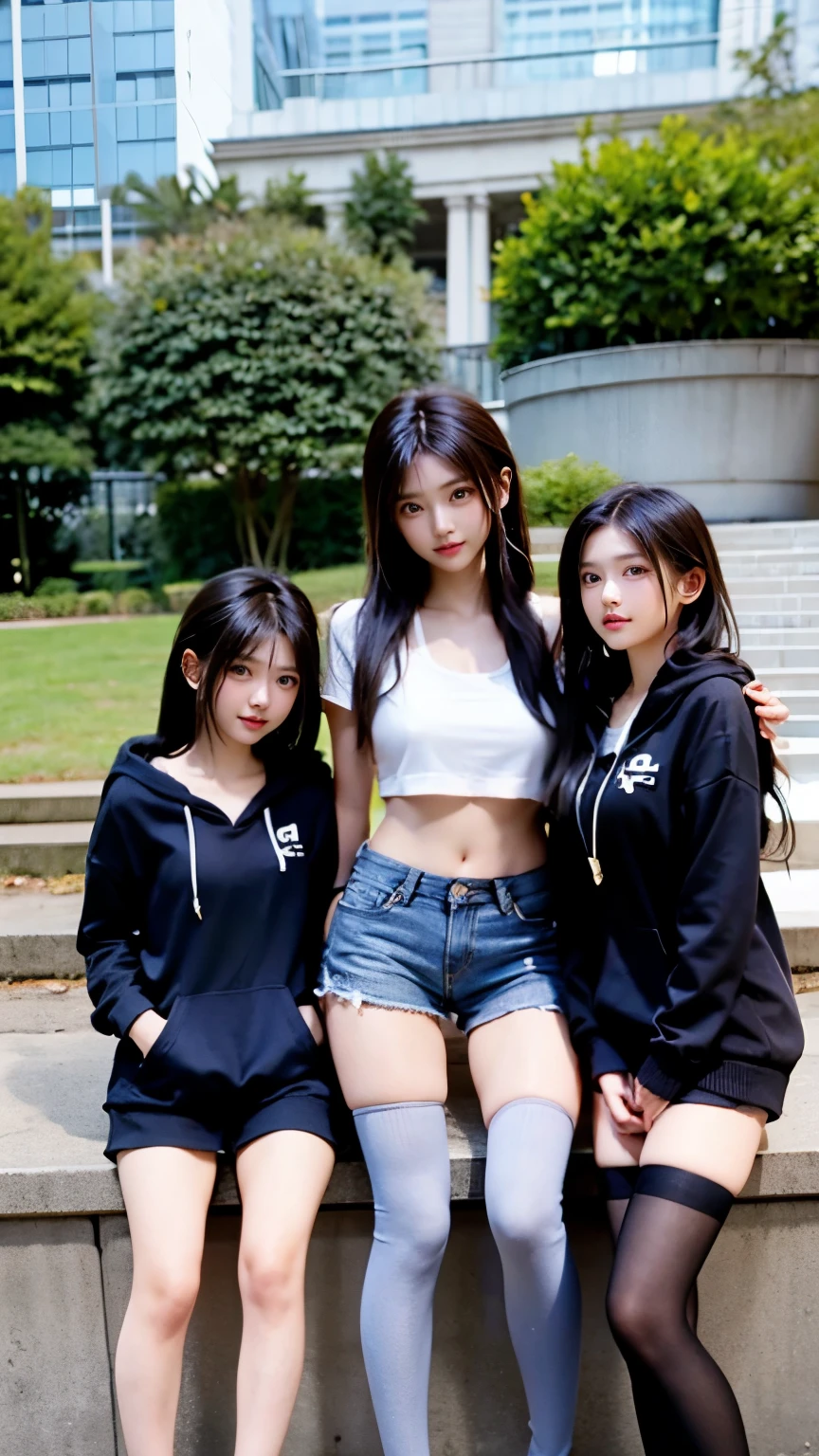 hot pants、、Supermodel、Perfect build、Muchimuchi、Three girls are looking at the viewer、 3 girls、、Thighhighs、beautiful feet、hot pants、hoodie、look down on、look of contempt、Seen by girls from below、Innocent face