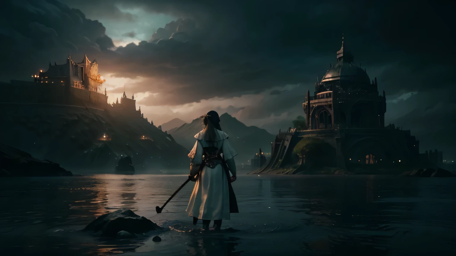 Elara embarking on her journey, staff in hand, with floating islands in the background, fantasy style, detailed, 8k, sharp focus, dark fantasy style, at evening during rain, beautiful and aesthetic, photography, cinematic, 8k, high detailed, detailed face