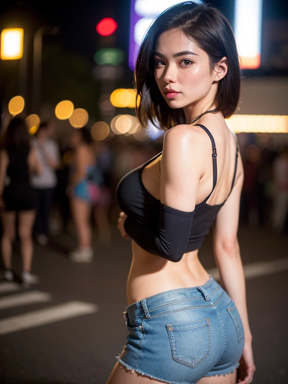 1girl in a Low waist micro pants shorts and tank top, (girl casual style:1.2), (Chest cleavage:1.2), (Perfect figure:1.5), Looking back over the shoulder poses, on street traffic at night, (View from below:1.5), (View from behind:1.5), (Mid body:1.5), shy, licking lips, (photorealistic:1.5), depth of field, rotational symmetry, blurry foreground, atmospheric perspective, 35mm, f/1.2, (Anatomically correct:1.5), (best quality:1.5), textured skin, super detail, highres, 8k