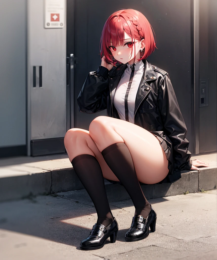 red haired woman,short bob,Braiding hair,red eyes,,3 earrings in left ear,black MA-1 jacket,black mini skirt,Black shoes with thick soles