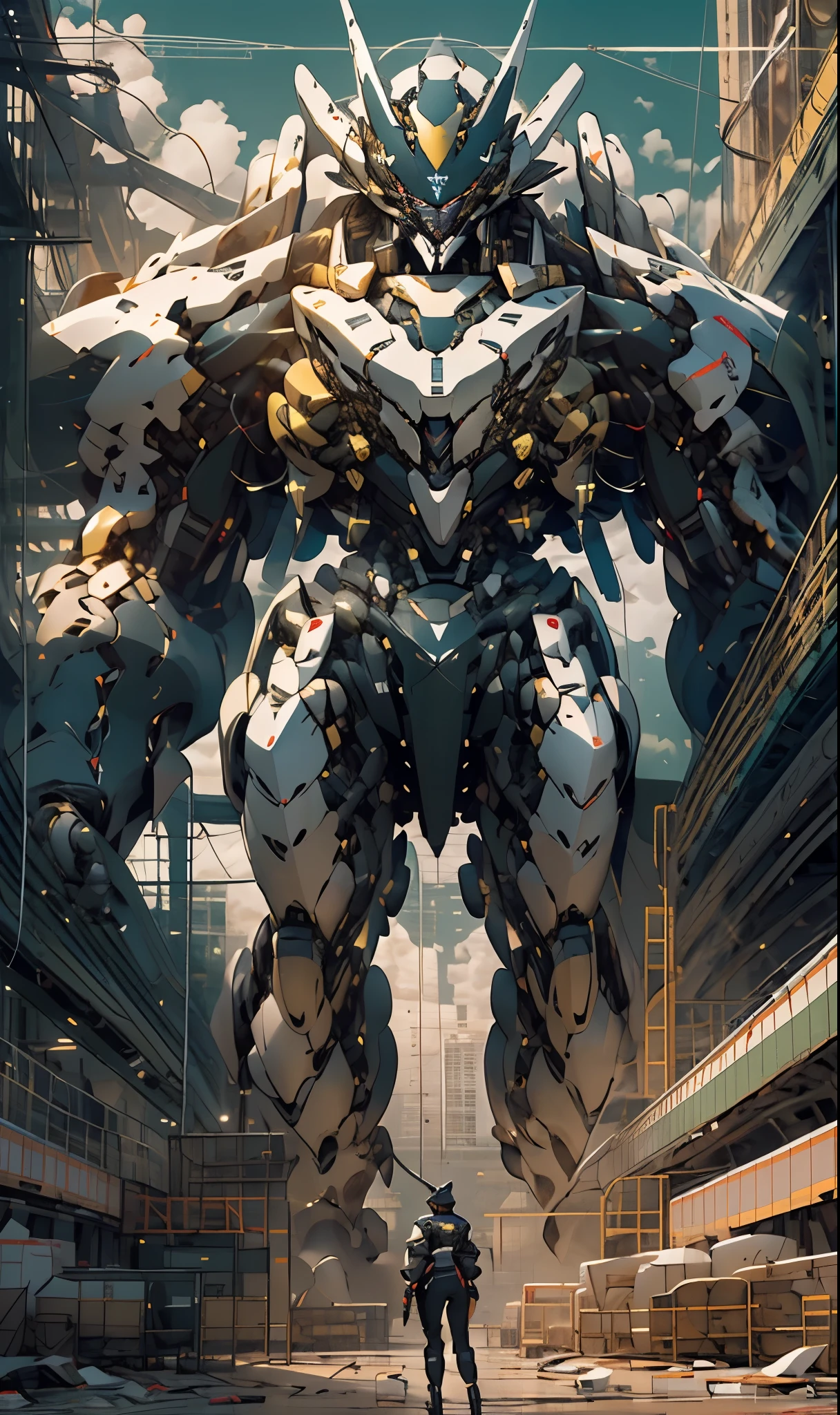 1 woman inside a huge bulky exoskeleton robot , ((bulky)) armor, crystal mecha, Psychedelic details, 9 days,(city war background), clean lines, negative space, high contrast, gradient color, (golden black),Show full body portrait , Best image quality, Perfect resolution