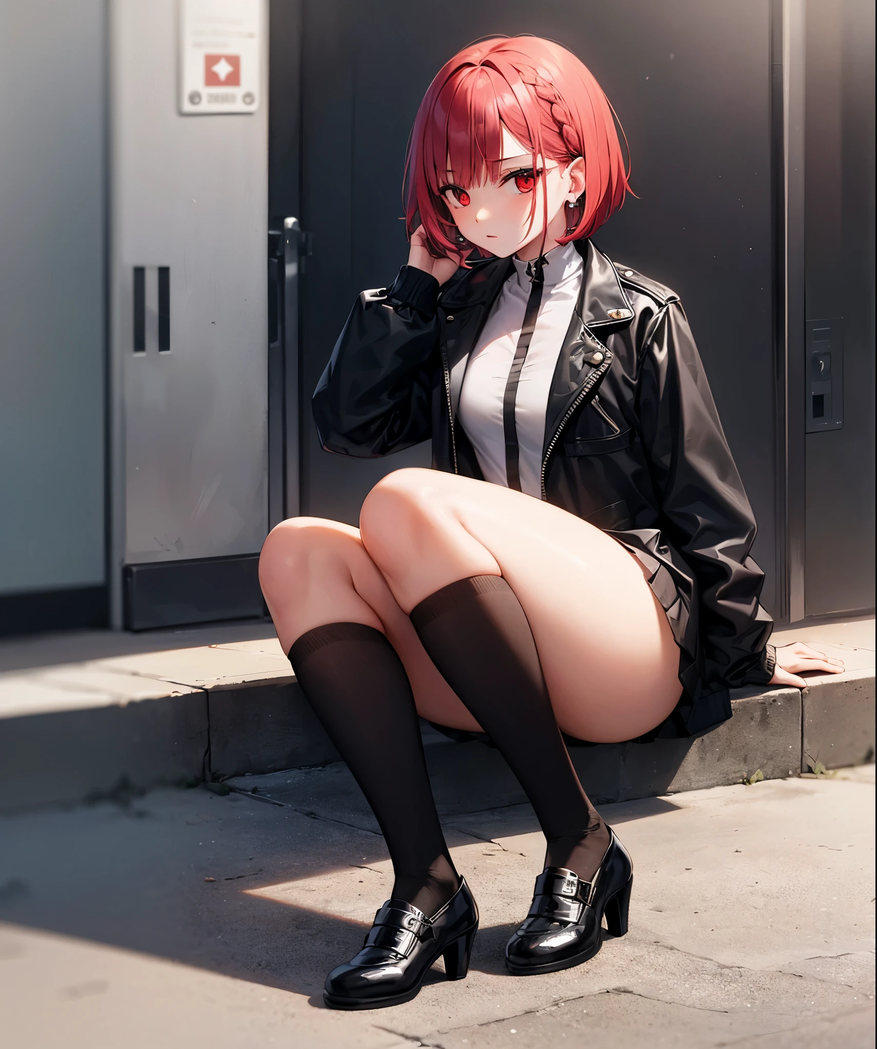 red haired woman,short bob,Braiding hair,red eyes,,3 earrings in left ear,black MA-1 jacket,black mini skirt,Black shoes with thick soles