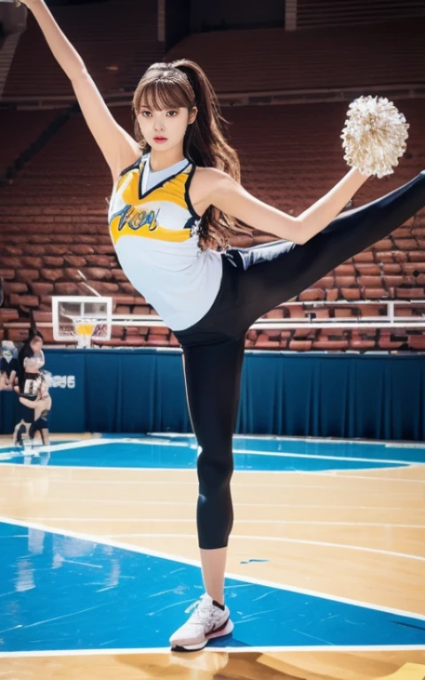 sports arena、cheerleader full body shot, beautiful female body、A woman with the same face as last time(misaki)、4K、1people's women、slender、 Loose wavy styling 、Full body shot from the front、seductive and attractive,Including face and skin texture,detailed eyes、Looks like fun