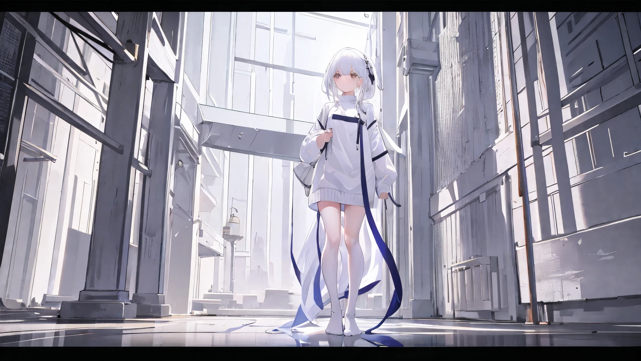 A girl with white hair and a white sweater stands in white 4K HD with the best lighting, delicate face, newspaper wall background, full body