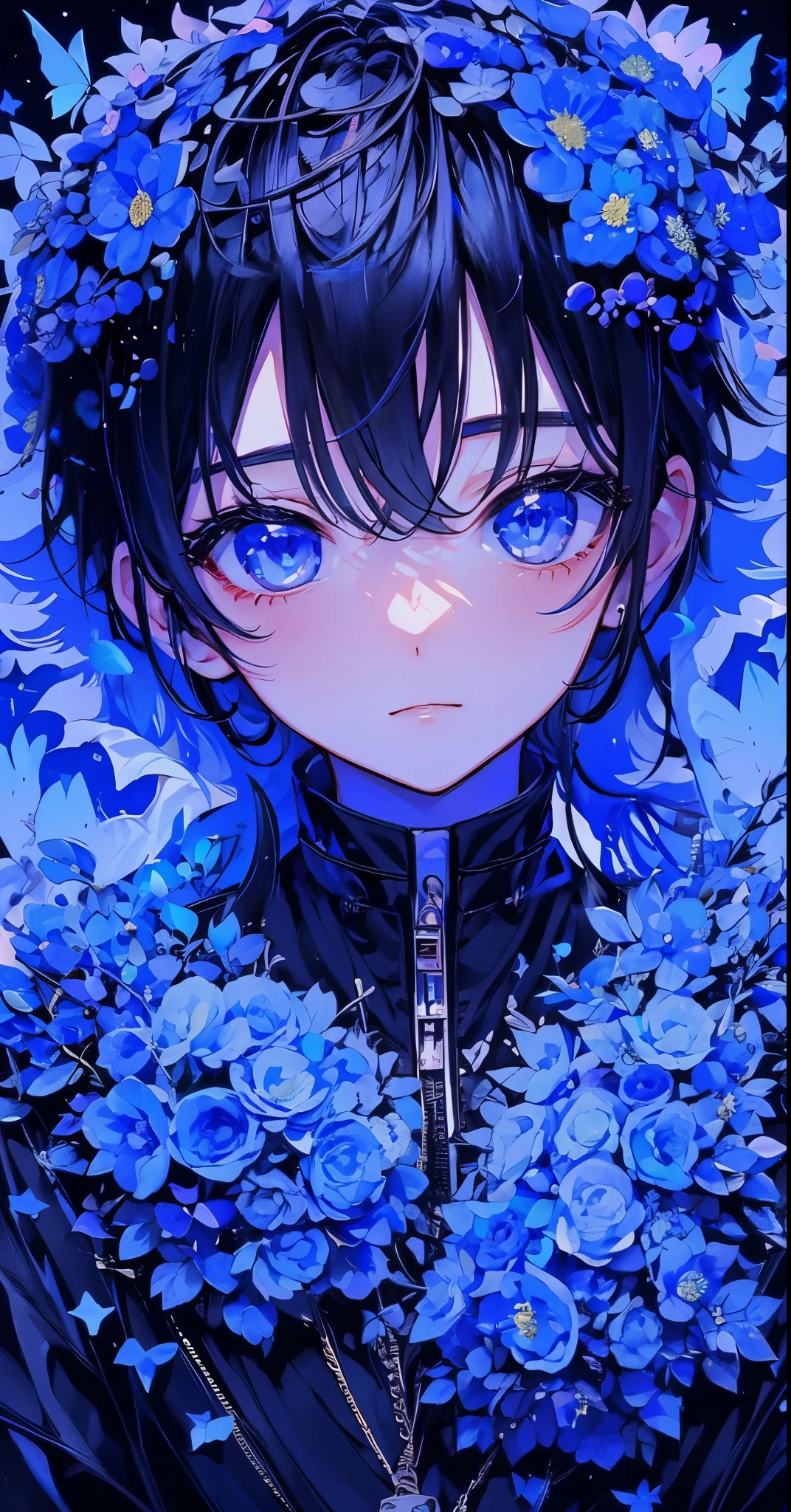 (muste piece), (best quality), very detailed, 1 boy, solo focus，perfect face, beautiful face, very detailed顔，(black short hair boy:1.3)，(blue eyes:1.3)，flower，butterfly々，flowerびら，Light，laughter