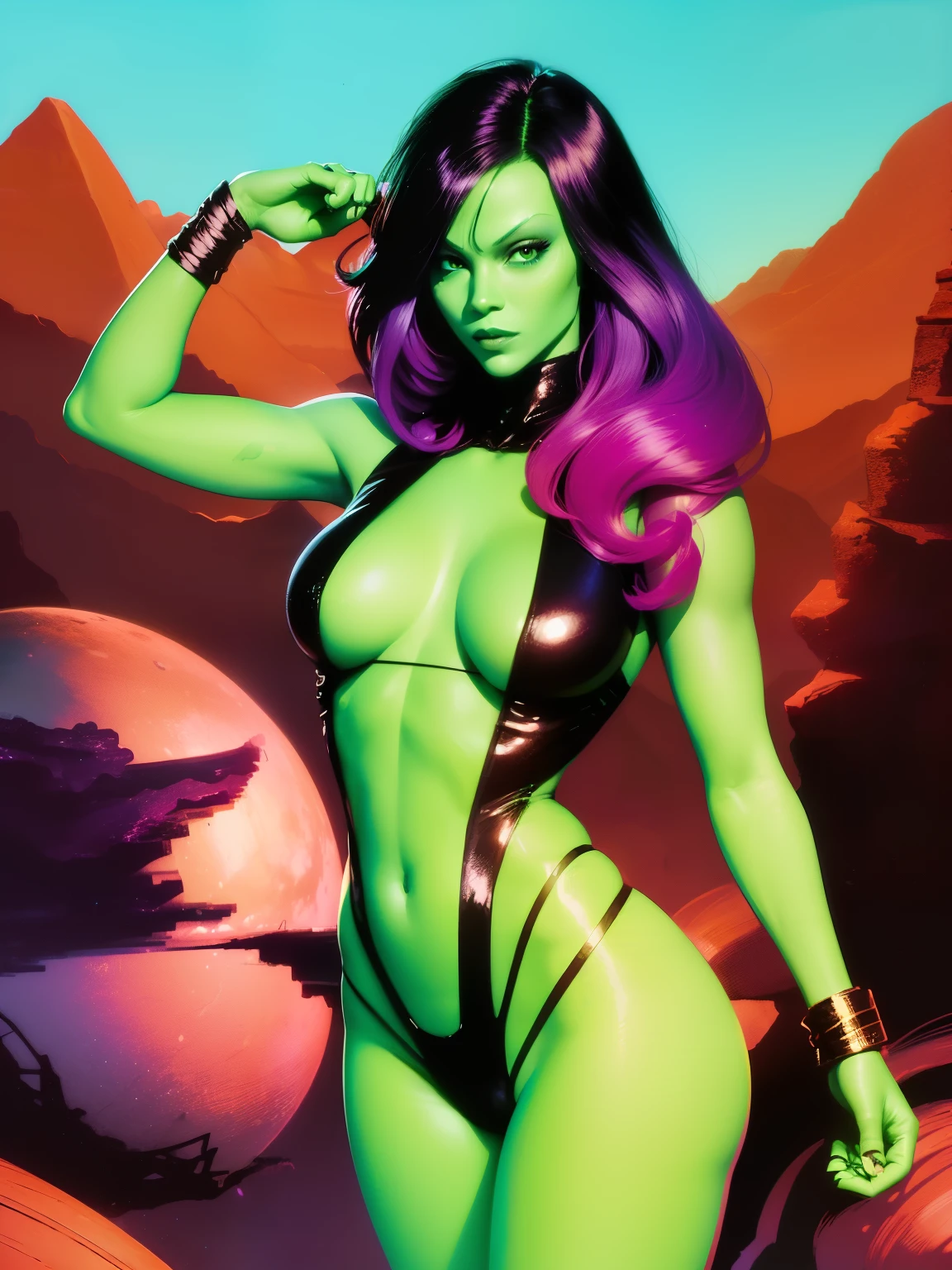 (((COMIC STYLE, CARTOON ART))). ((1 girl)), lonly, A comic-style image of Gamora, with her as the central figure. She is standing, with her hands holding a sword. She wears a black and purple costume, ((pink anda purple hair)). She has long, straight black hair, (((Hot body, sexy, sensual, camel toes))), ((green skin)) eyes and red lips. She is surrounded by an alien planet, with mountains, rivers and vegetation. She has a determined and confident expression, as if she is ready to fight evil.