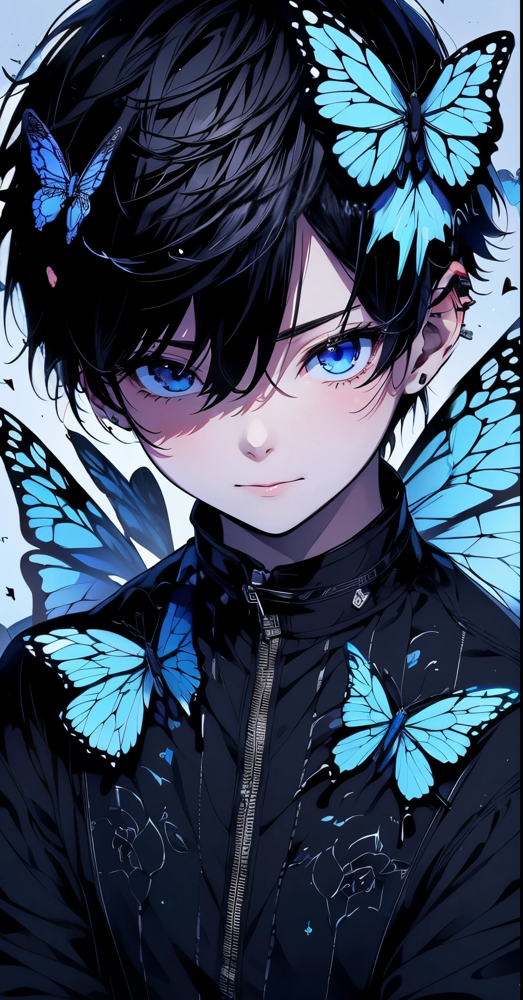 (muste piece), (best quality), very detailed, 1 boy, solo focus,perfect face, beautiful face, very detailed顔,(black short hair boy:1.3),(blue eyes:1.3),flower,butterfly々,flowerびら,Light,laughter